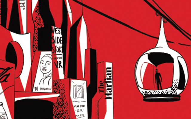 Red, black and white sketch featuring a figure in a futuristic cable car, book spines and a magazine cover
