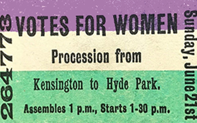 A striped Votes for Women flyer from 1908 advertising a procession from Kensington to Hyde Park