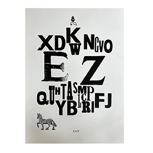 A black and white print with the letters from E to Z and a zebra