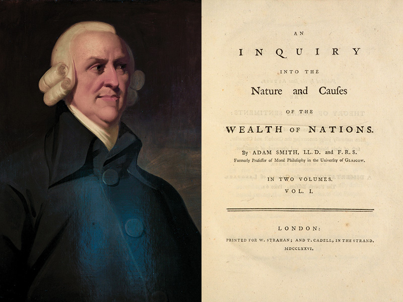 A composite image: on the left is a painted portrait of Adam Smith, a man wearing a white wig and a dark coat; on the right is the front page of 'An Inquiry into the Nature and Causes of the Wealth of Nations'