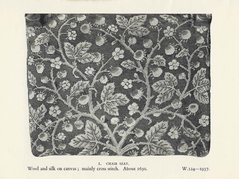 A black and white photograph of a 17th-century cross-stitch tapestry, taken from a 'Small Book' published by the V&A
