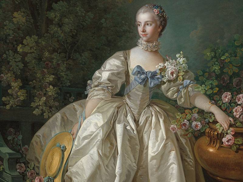 A painting of a woman wearing a silver gown and holding a hat, surrounded by flowers and foliage