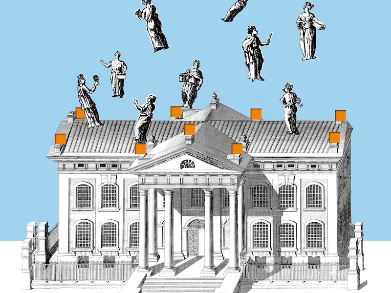 An architectural figure of the Clarendon Building, with stone statues of the Muses in a cartoon style on and above the roof