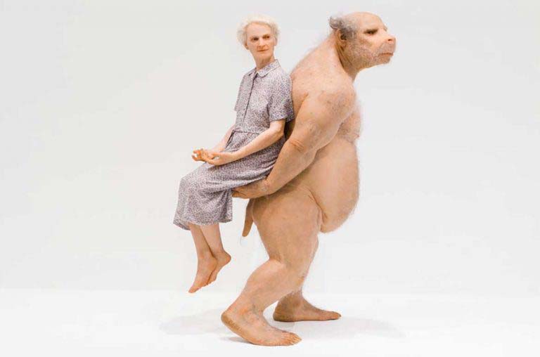 An elderly woman in a blue dress calmly sitting on the back of a humanoid bear