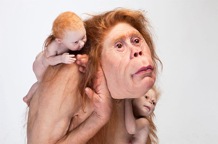 A human-orangutan hybrid woman with a large pensive face and two babies clinging to her back