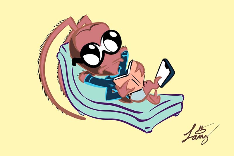 A cartoon cockroach lying on a sun lounger, with two hands behind his head; he also holds a book and his phone, while throwing up a peace sign.