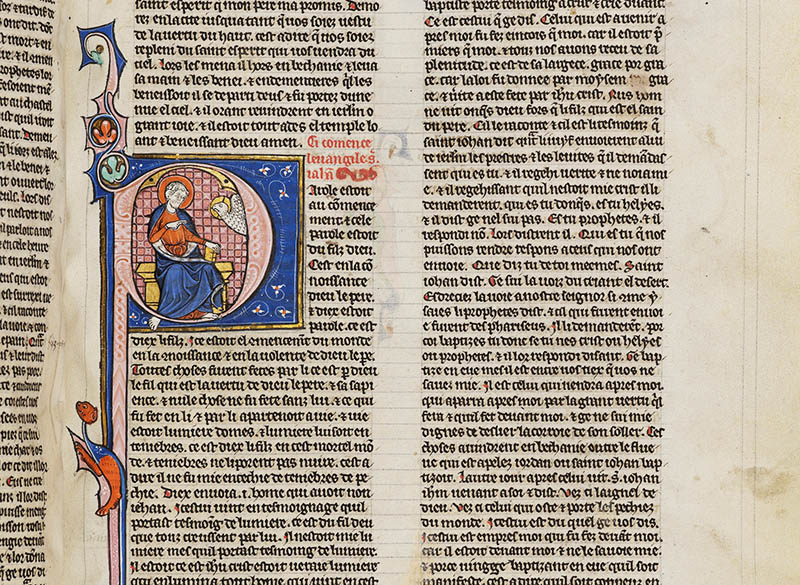 A section of an illuminated manuscript; the illumination shows a bearded man pointing at a winged animal