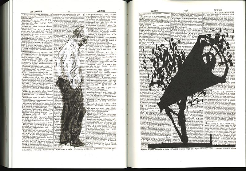 An open spread inside a dictionary with black-and-white artwork drawn on top of the text