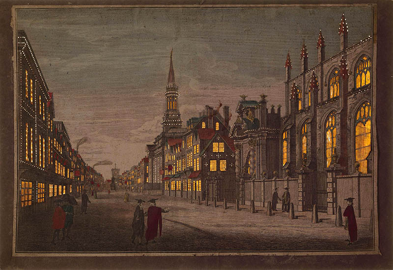 A painted street scene with brightly illuminated windows