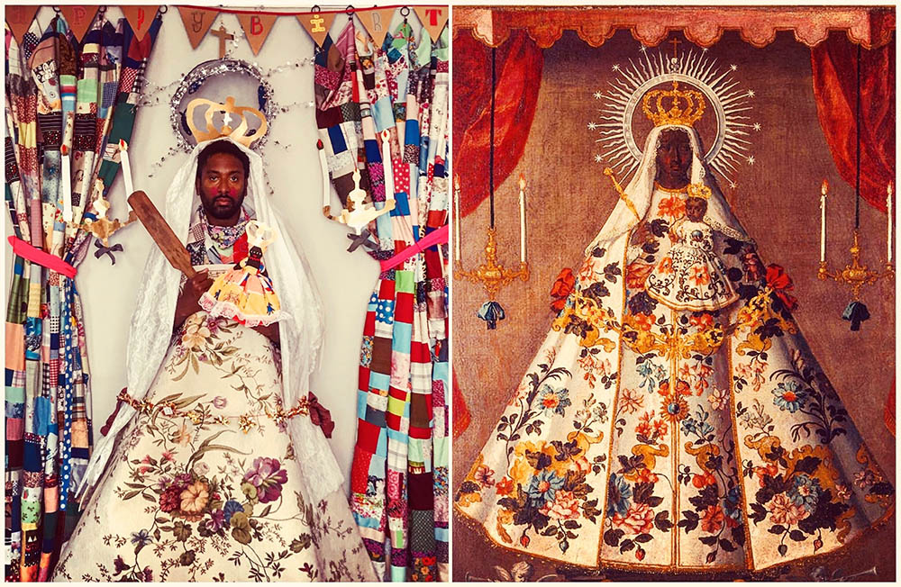 Two images of a Black man wearing a beautiful and elaborately decorated gown; the left portrait is surrounded by colourful drapes; in the right portrait, he holds a sceptre and wears a crown