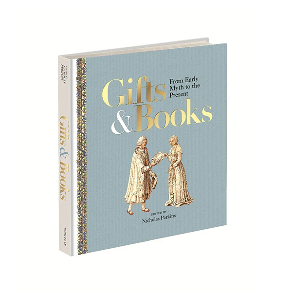 A 3D view of the front cover of 'Gifts and Books', blue with gold lettering