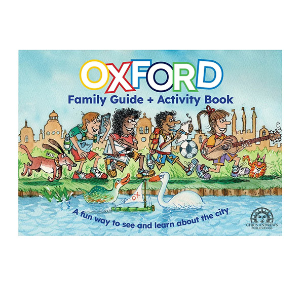 Book front cover: a colour illustration of four children and dog running next to a river