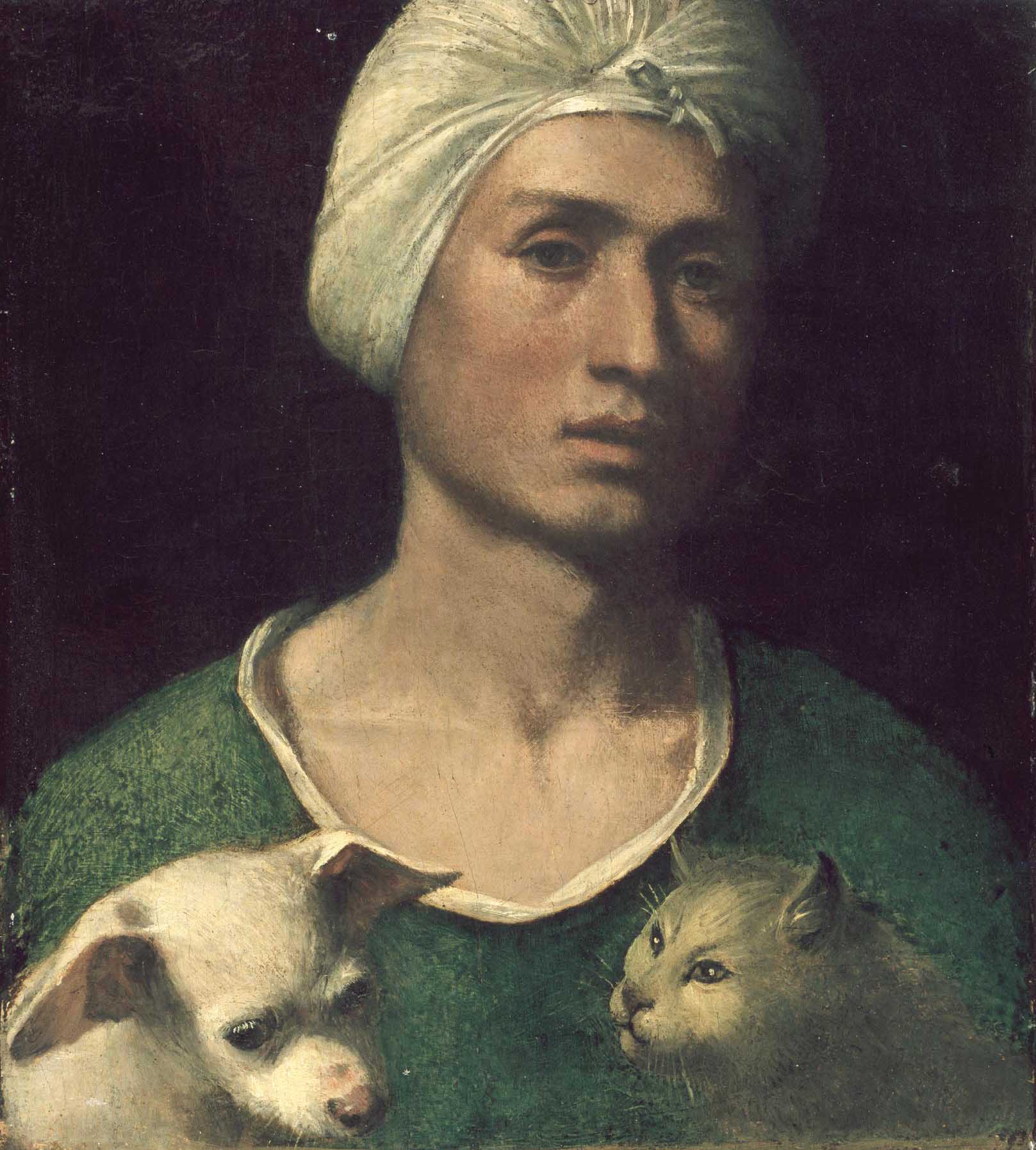 A painting of a person wearing a white turban, with a dog on the left hand side and a cat on the right