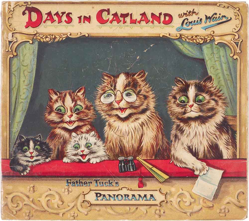 A colourful advertisement for 'Days in Catland with Louis Wain', featuring five cats sitting in a theatre booth