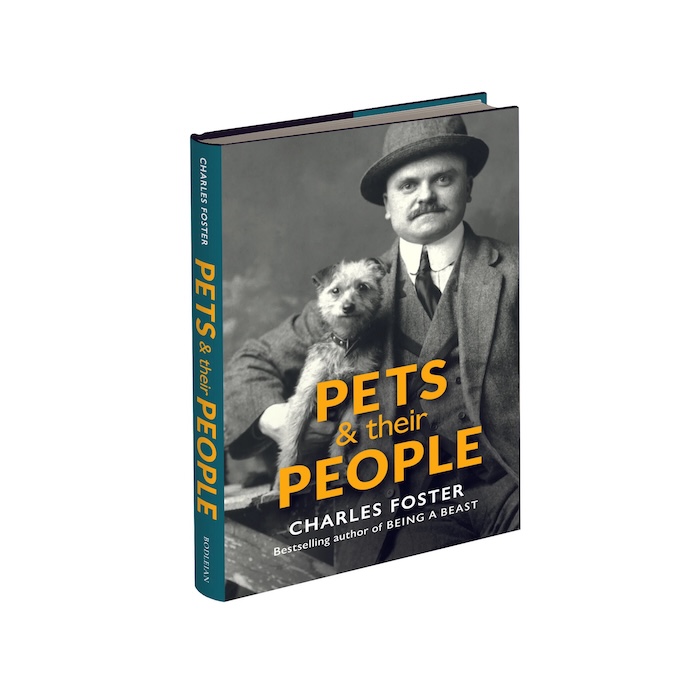 A 3D view of the front cover of 'Pets & their People' by Charles Foster, featuring a black-and-white photograph of a man holding a dog
