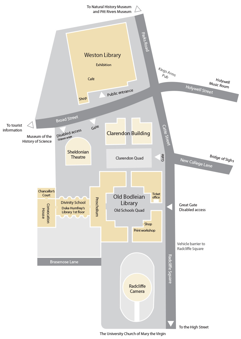 A map showing the central Bodleian Library site and the location of the Weston Library