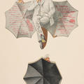 A man floats in air with his legs crossed and is surrounded by umbrellas