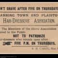 Handbill from a local Hairdressers' Association requesting the public not to shave after 5pm on Thursdays
