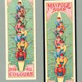 Two colourful bookmarks declaring Maypole Soap dyes all colours