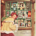 A girl in a beige coat and red bonnet look over her shoulder, behind her is a shop window full of cards and calendars