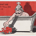 A man in sits in a bath - he wears a military helmet - and leans over the edge to pick up 'Europe'