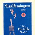 Advert with a cheerful Miss Remmington declaring "The portable model - is delightful to operate and so compact"
