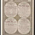 Ornate page from My Tradesman with adverts for ironmongers, art furniture, chemist, china and glass