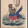 A man dressed as a "clown" sailor at sea in a pill box. The text of the advertisement is underneath