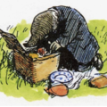 Mole from Wind in the Willows rummages through a picnic hamper