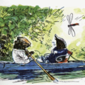 Illustration of Mole and Ratty rowing on a river
