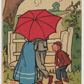 A couple stand next to a fence hidden by a red umbrella whilst a young boy tries to talk to them