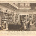 Black and white print of the inside of a nineteenth century shop - customers look at the items on display