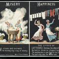 An advert for laundry soap: on the left two women miserably wash laundry, on the right two women happily hang clothes