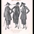 Advert for Harrods showing three elegant women in angular hats and long coats