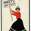 Advertisement showing woman marching with placard reading "vote for Nixey's Boot Polish"