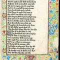 A beautifully illuminated front page of Caxton's edition of The Canterbury Tales, illustrated with flowers and vines in red, blue and green