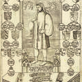 A black and white illustration of Chaucer depicting his family tree as descended from the ancestors of Henry VII, with a drawing of the poet in the centre