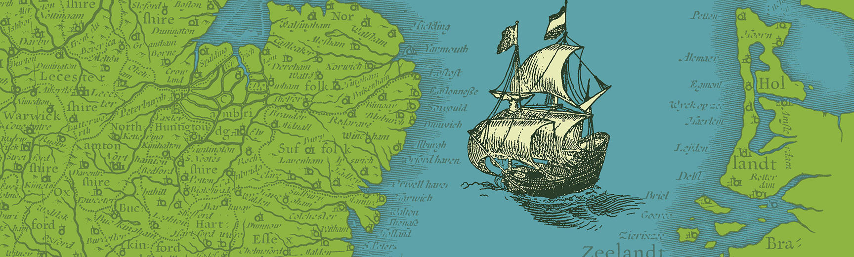 An illustration of a ship sailing from the Netherlands to England