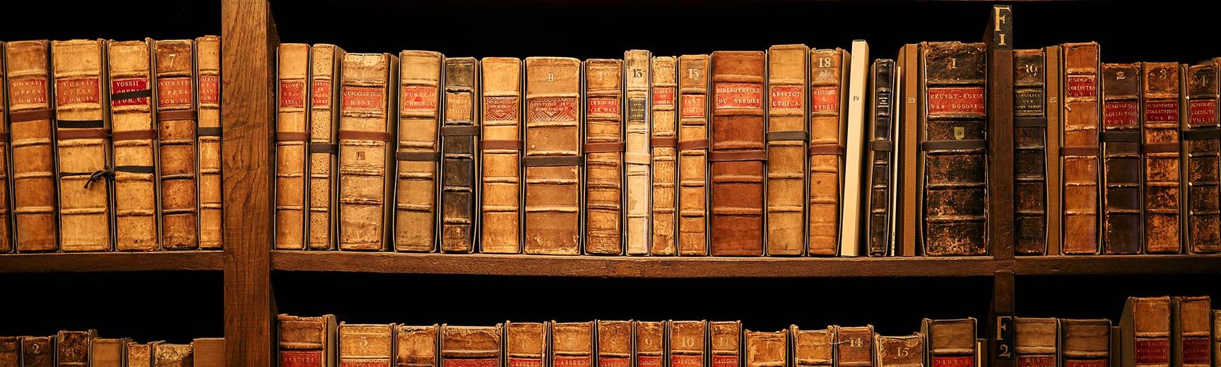 Shelves of old books on wooden bookshelves