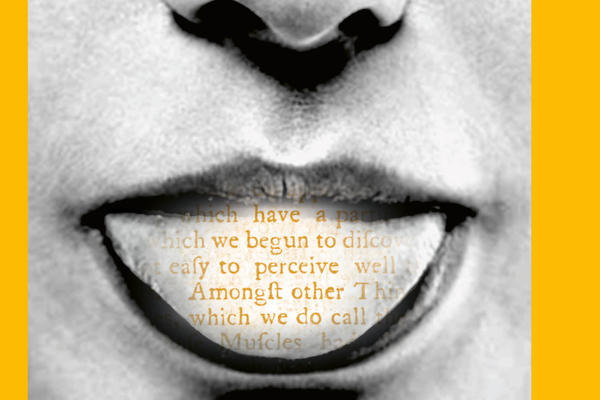 A black and white graphic of a tongue sticking out of a mouth with thick yellow borders on each side