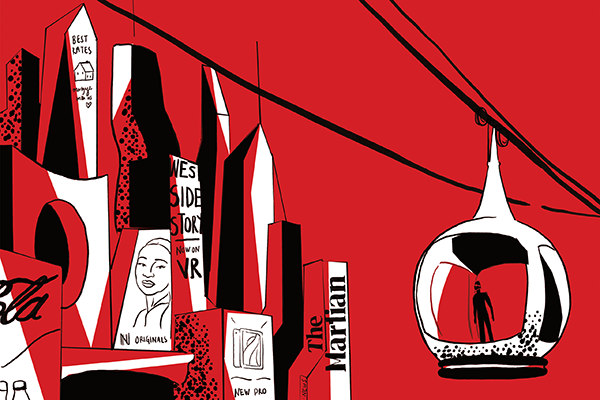 Detail of an abstract illustration of books in red, white and black tones, taken from Who Writes the Future? An anthology of short stories