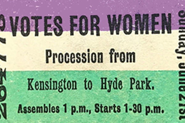 A striped Votes for Women flyer from 1908 advertising a procession from Kensington to Hyde Park