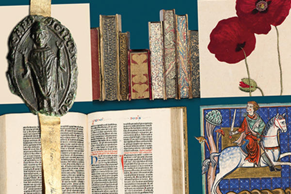 Composite image of Bodleian treasures: manuscript extracts, illustration of poppies, wax seal