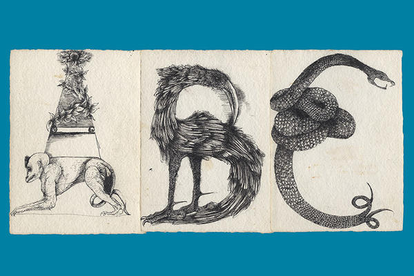 Black and white illustrations of the letters 'ABC', featuring animals, against a mid blue background