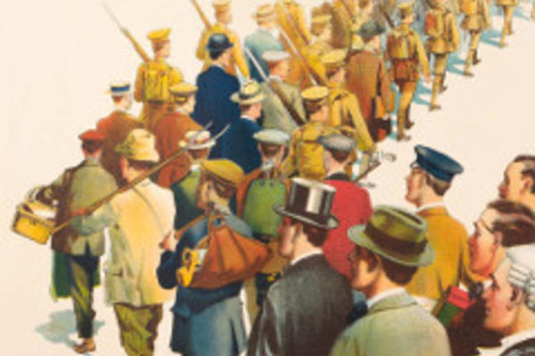 Colour illustration of civilians becoming soldiers