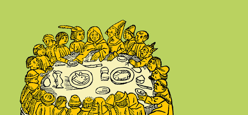 A yellow illustration of characters in medieval dress sitting around a table, against a bright green background