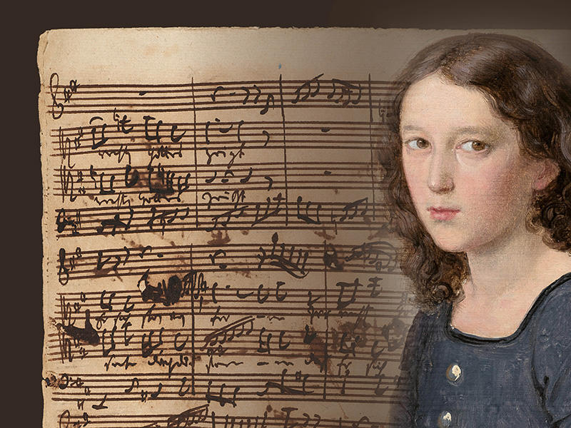 A musical score with a cut out portrait of a young white person with long brown hair