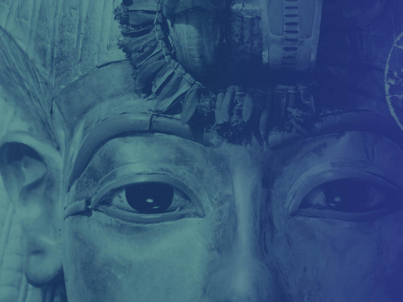 The mummy mask of Tutankhamun with a blue overlay