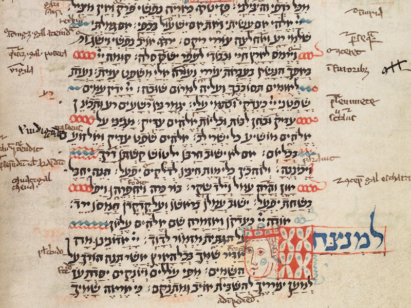 A page of Hebrew text in black ink with the drawing of a face in the bottom right
