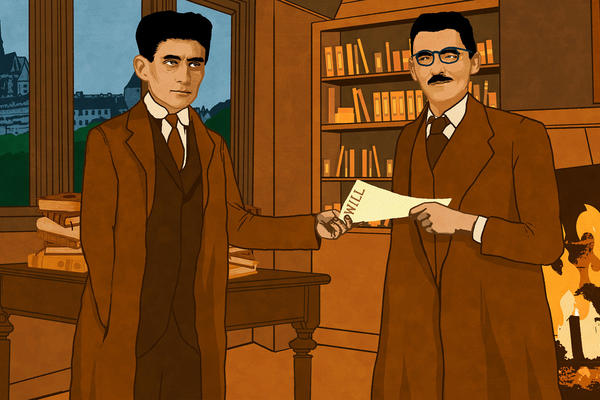 A cartoon of two men - one hands the other a will